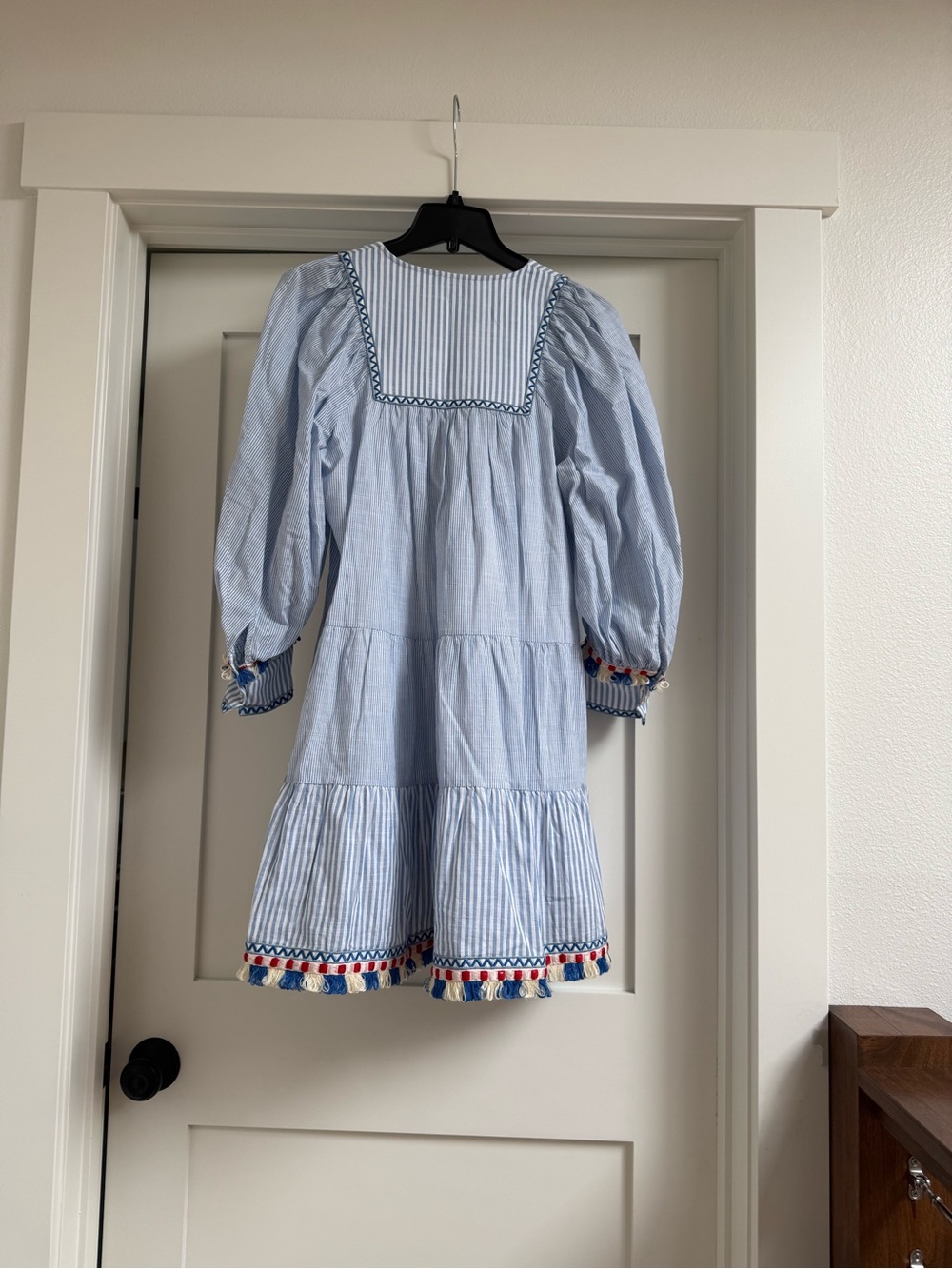 Tuckernuck Light Blue Striped Tiered Dress with Red & Navy Tassels - Picture 4 of 6